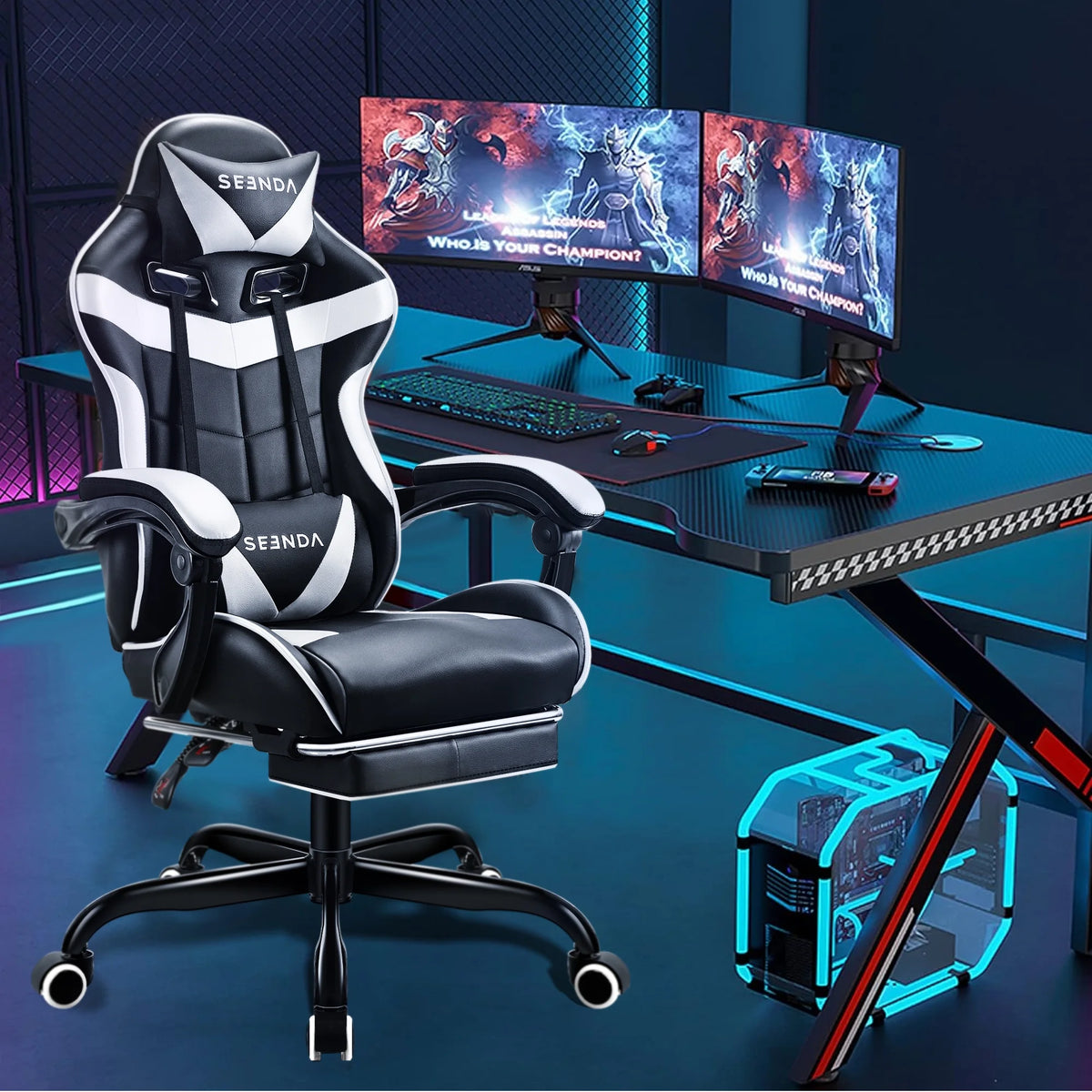 Gaming Chair, Seenda Video Game Chair with Footrest and Lumbar Support, Ergonomic Computer Chair Height Adjustable with Swivel Seat and Headrest, Red