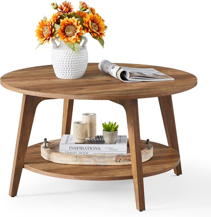 VASAGLE Round Coffee Table, 2 Tier Coffee Table with Storage, for Living Room, 31.5 x 17.7 Inches, Easy to Assemble, Honey Brown