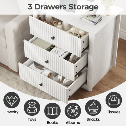 IDEALSOUL Nightstand Set of 2, 24" Wide End Table with Storage, Fluted Nightstand with USB Charging Station, Large 3 Drawers nightstand for Bedroom Living Room(2pc, White)