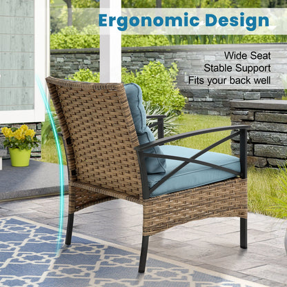 Heavy-duty Patio Furniture Set, 4 Piece Outdoor Sectional Conversation Sets, BrownPE Rattan Patio Sofa Set with Blue Cushions