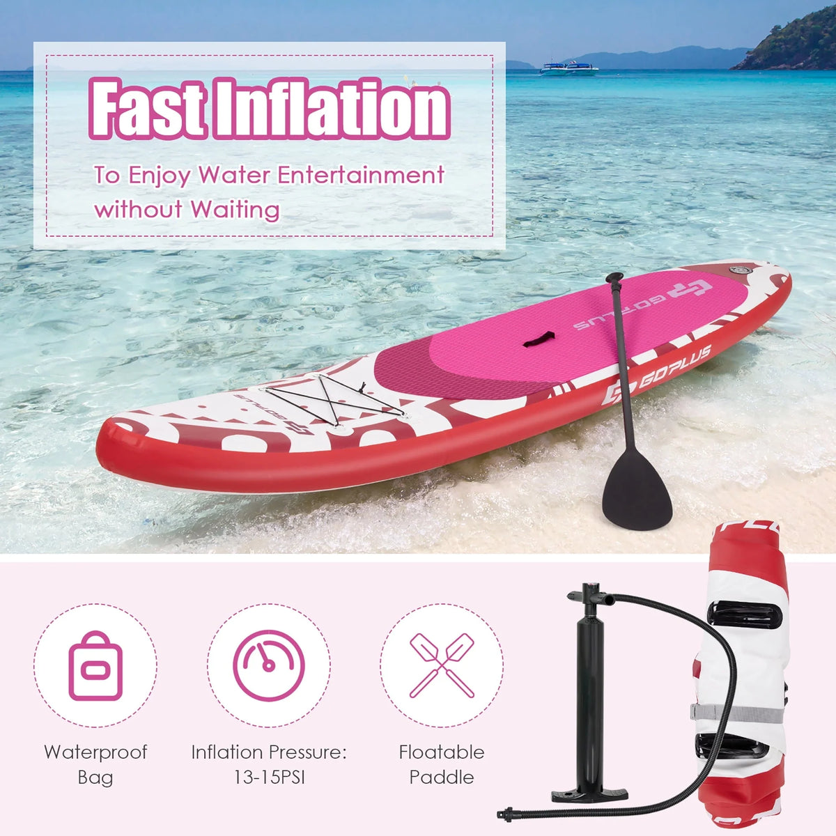 Goplus 10.5�?Inflatable Stand Up Paddle Board SUP W/Carrying Bag Aluminum Paddle Pink