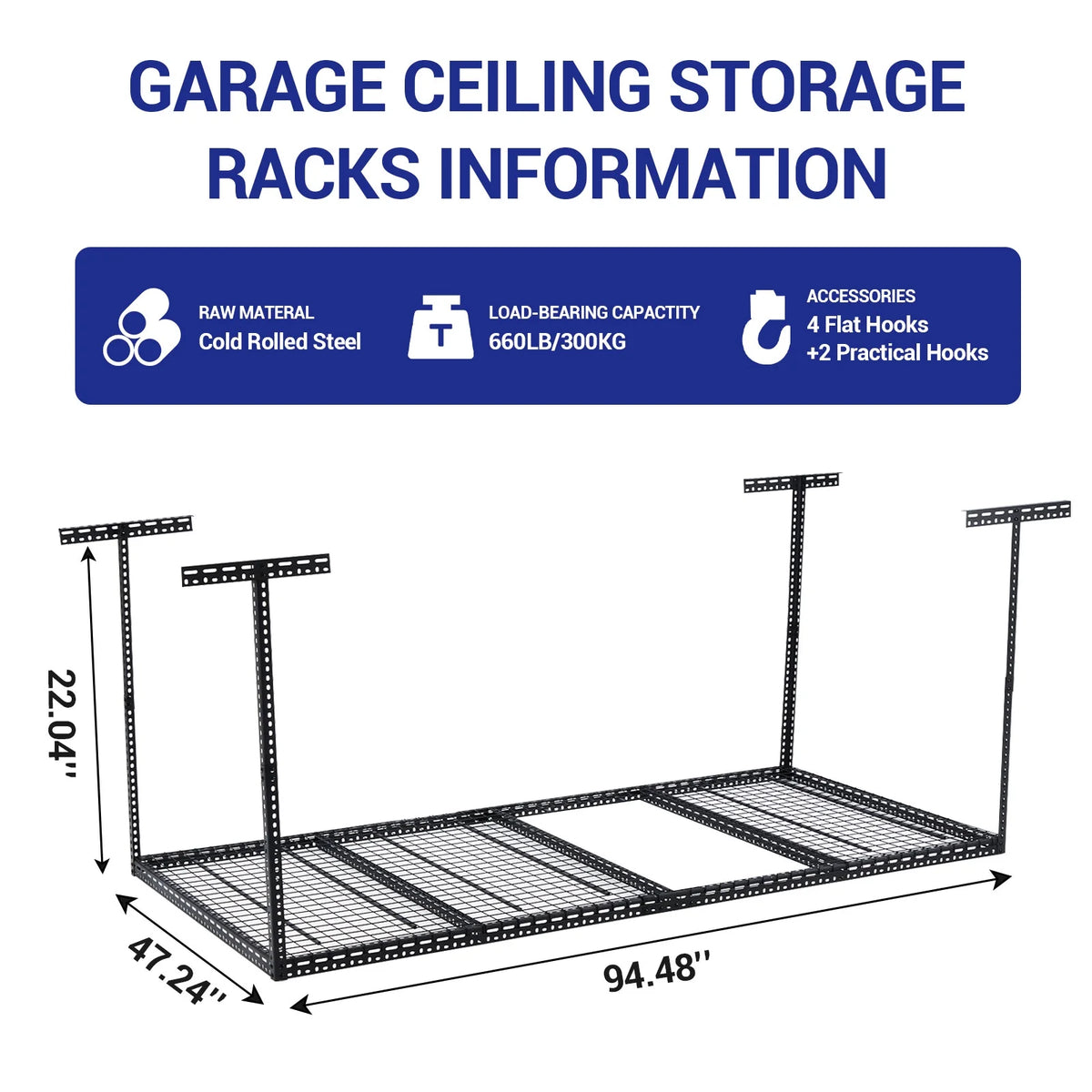 Overhead Garage Storage Rack - Heavy Duty 300kg Capacity, Adjustable 56-100cm Height, 180x120cm Black Steel Shelving with Hooks for Garage Organization