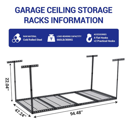 Overhead Garage Storage Rack - Heavy Duty 300kg Capacity, Adjustable 56-100cm Height, 180x120cm Black Steel Shelving with Hooks for Garage Organization