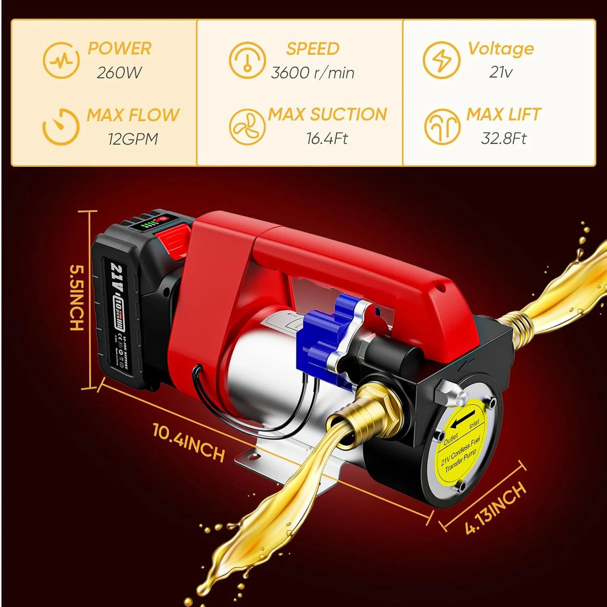 TaskStar 260W Fuel Transfer Pump Battery Powered, 12GPM Electric Pump Kit with 21V 4.0Ah Battery & Charger, Portable Cordless Pump with Auto-off Nozzle & 2x 6.6FT Hoses Diesel Kerosene Transfer Pump