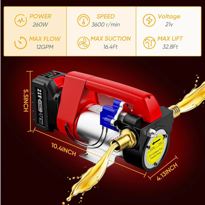 TaskStar 260W Fuel Transfer Pump Battery Powered, 12GPM Electric Pump Kit with 21V 4.0Ah Battery & Charger, Portable Cordless Pump with Auto-off Nozzle & 2x 6.6FT Hoses Diesel Kerosene Transfer Pump