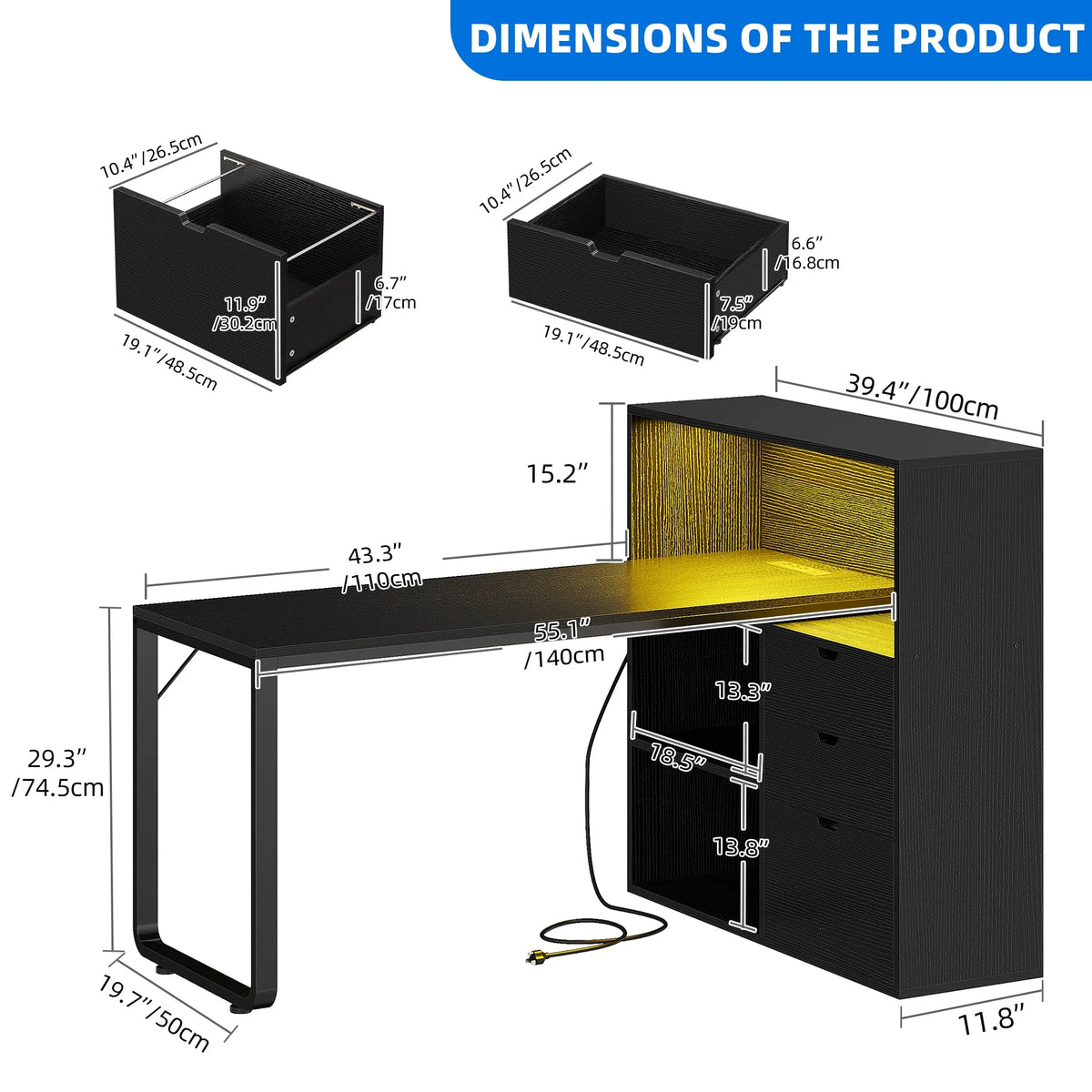 Dextrus L Shaped Desk with Power Outlets & LED Lights, Computer Desk with 3 Drawers and 3 Storage Shelves, White Office Desk Corner Desk for Home Office
