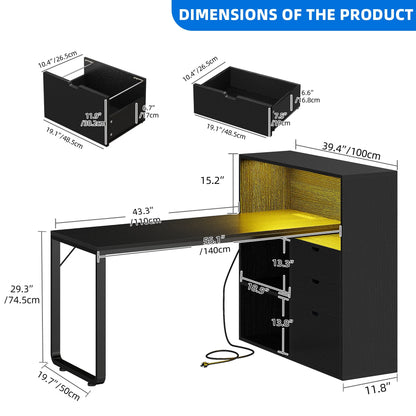 Dextrus L Shaped Desk with Power Outlets & LED Lights, Computer Desk with 3 Drawers and 3 Storage Shelves, White Office Desk Corner Desk for Home Office