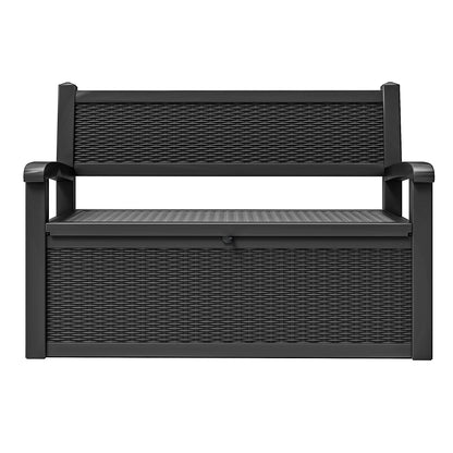ModFusion 70-Gallon Outdoor Resin Storage Cabinet with Rattan Backrest �C Waterproof Patio Bench Seat, 500 lbs Capacity, Black