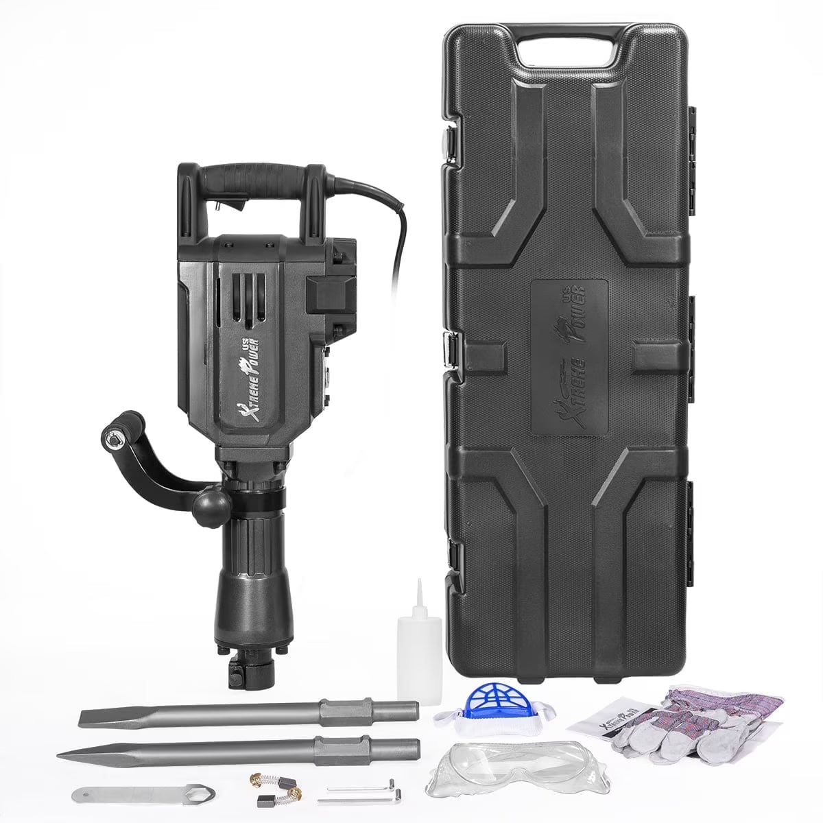 XtremepowerUS Demolition Jack Hammer Heavy Duty, 3600W Electric Jackhammer 1900BPM Power Drill Concrete Breaker Bar Point & Chisel Bits Chisel Set