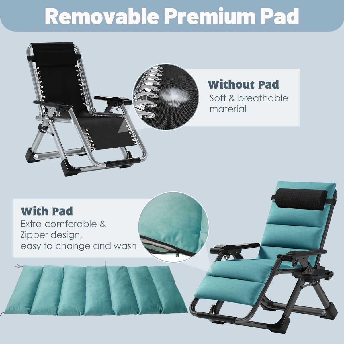 MOPHOTO Zero Gravity Chair Folding Outdoor Patio Recliner with Detachable Cushion,Cup Holder,Headrest,26"D x 20"W x 45"H