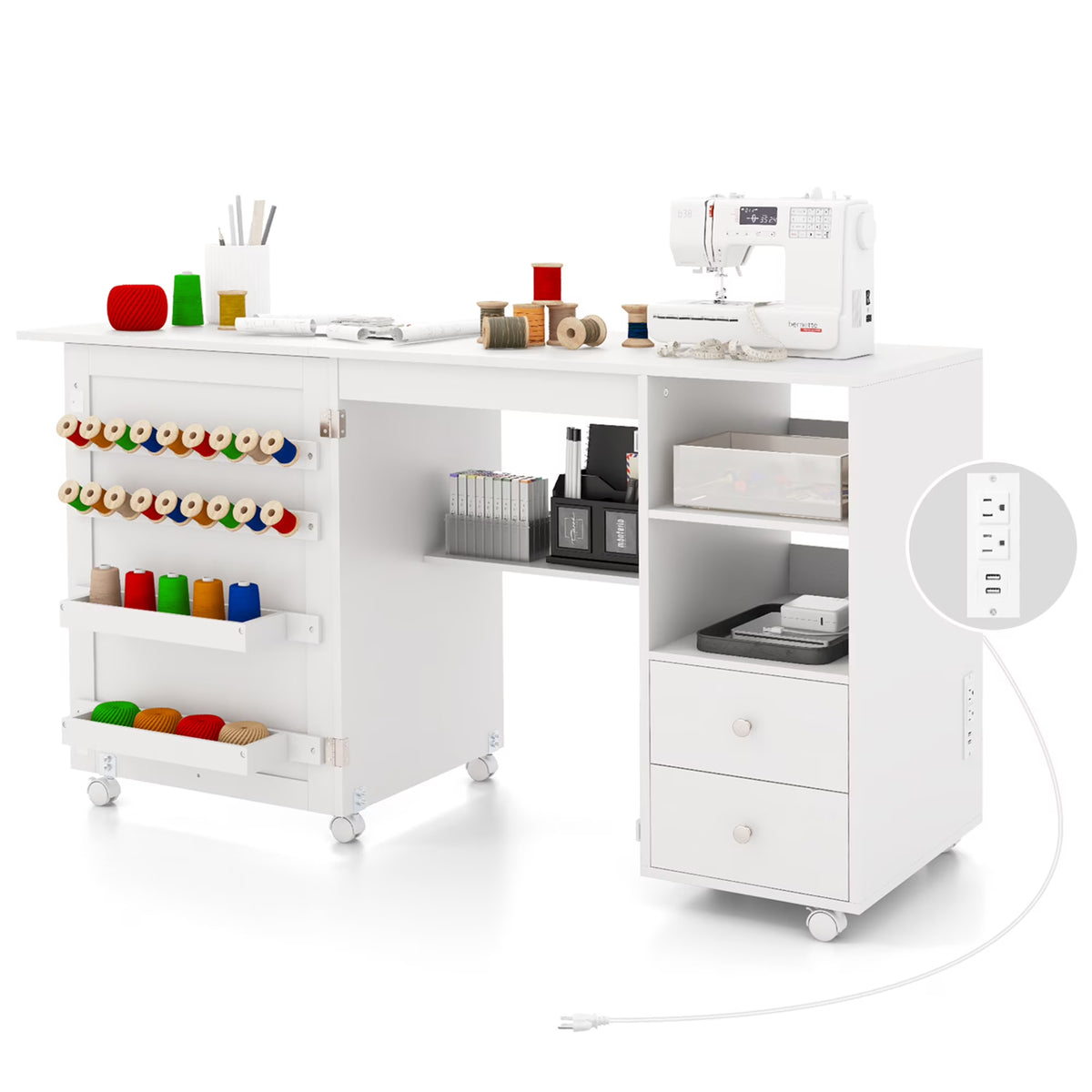 Costway Folding Sewing Table Charging Station Multifunctional Sewing Machine Cart Table