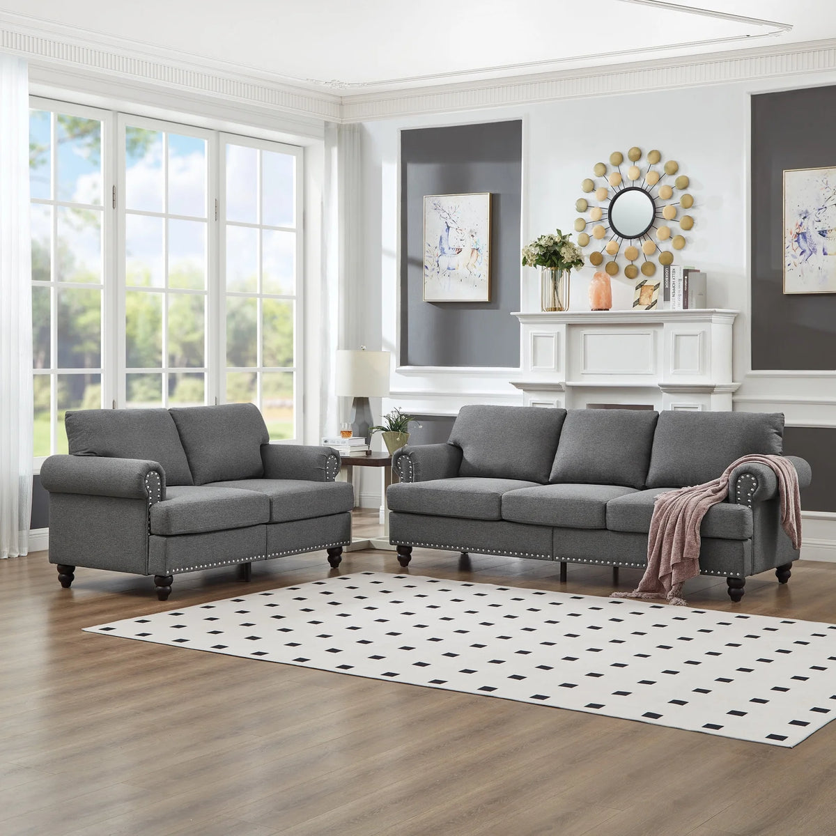 2 Piece Living Room Sofa Set, Modern Leather 3 Seater and Loveseat Sofa with Storage Seats and Rolled Nails Arms for Living Room, Brown