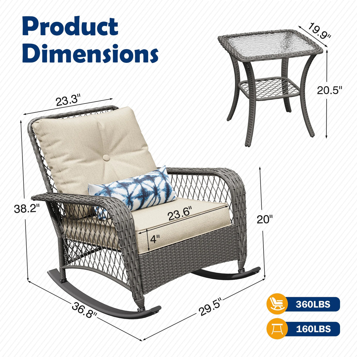 ELPOSUN 3-Piece Outdoor Rocking Chairs, Wicker Patio Furniture with Thickened Cushions and Table for Porch