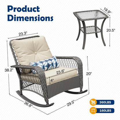 ELPOSUN 3-Piece Outdoor Rocking Chairs, Wicker Patio Furniture with Thickened Cushions and Table for Porch