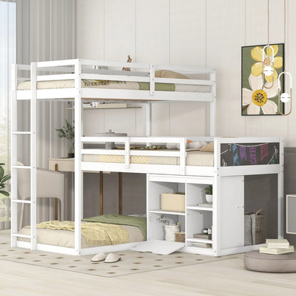 Triple Bunk Beds, L-Shaped Triple Beds with Storage Cabinet & Blackboard, Solid Wood Bunk Beds Frame with Full-length Guardrails & Built-in Ladder for Kids, Teens, 3 Beds in 1, Twin/Twin/Twin, White