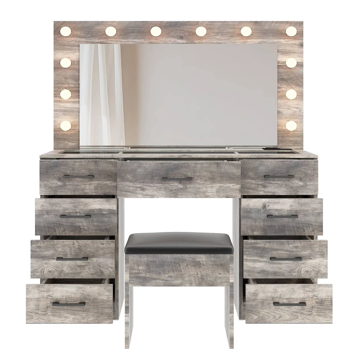 Ktaxon Large Makeup Vanity, Vanity Table Set w/ Visible Glass Top w/ Charging Station, White