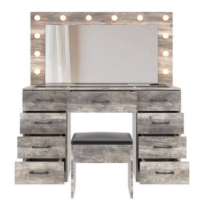 Ktaxon Large Makeup Vanity, Vanity Table Set w/ Visible Glass Top w/ Charging Station, White