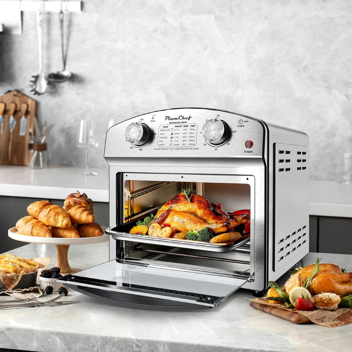 PlumChef 12 Quart 4 Slices Air Fryer Convection Toaster Oven, 1500W , 4 Cooking Modes,  7 in 1 Multifunction with Roast,  Bake, Grill, Broil, Toast, Dehydrate, Defrost, Stainless Stee