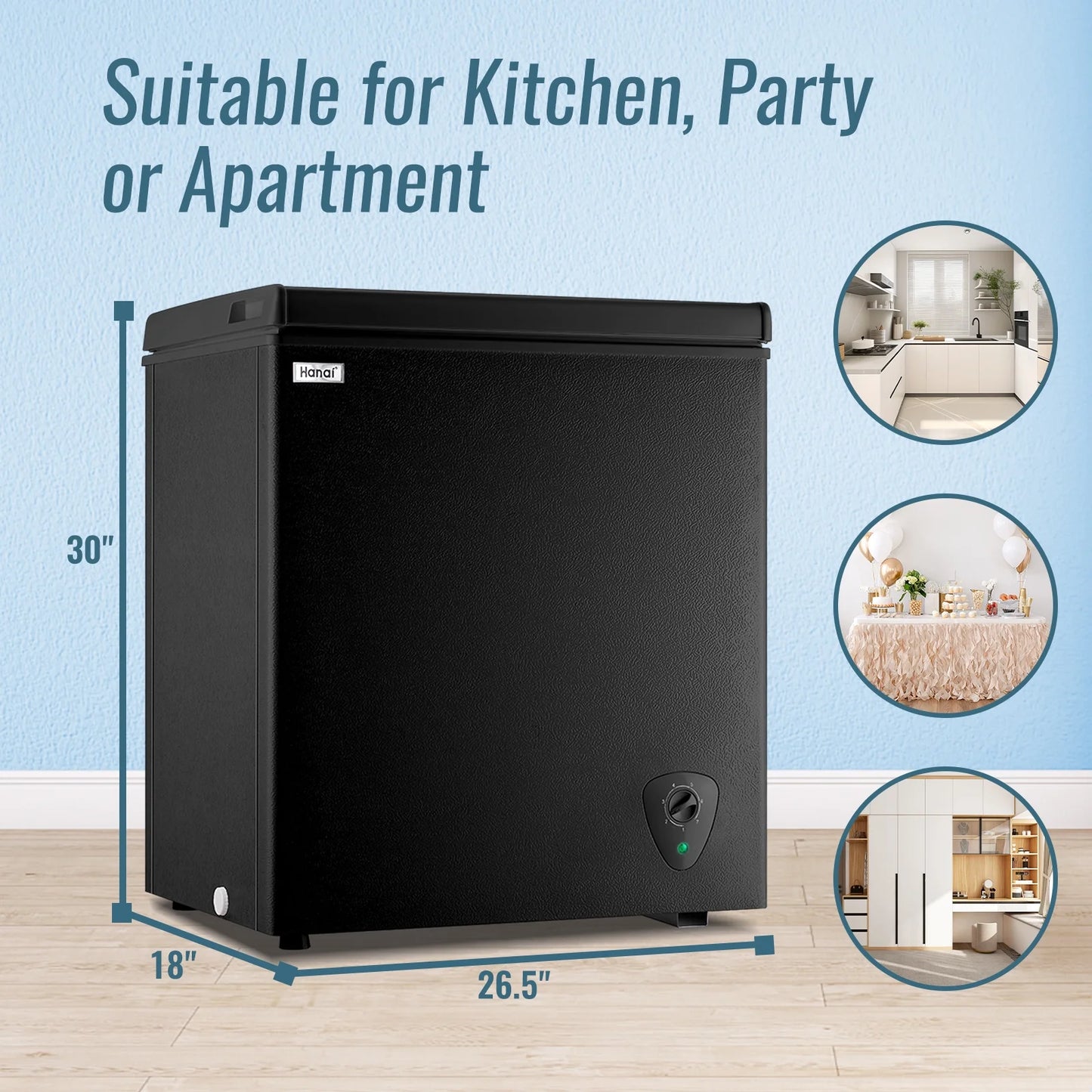 WANAI 5.0 Cubic Feet Chest Freezer Large Home Deep Freezers Black Top Door with Removable Basket
