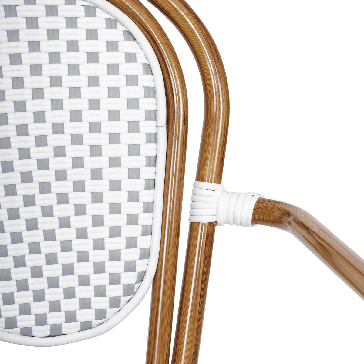 Merrick Lane Stacking Thonet French Bistro Style Chair with Arms, Black & White PE Rattan Seat, and Bamboo Finished Metal Frame for Indoor/Outdoor Use