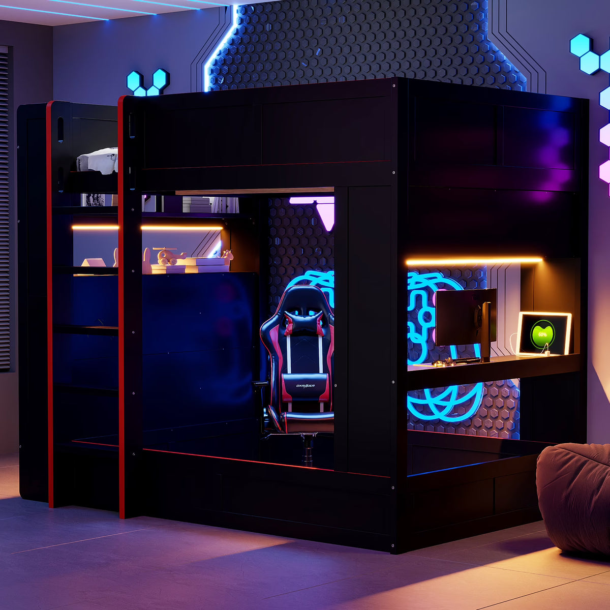 Euroco Wood Full Size Loft Bed with Desk and Shelves, Gaming Bunk Bed with LED Light and USB Charging, Black