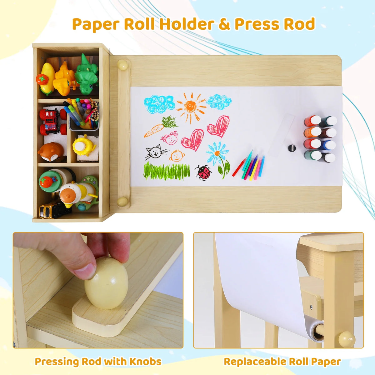 Pirecart Kids Art Table and 2 Chairs Toddler Craft Set Wooden Play Activity Drawing Table with 4 Storage Bins and Paper Roll