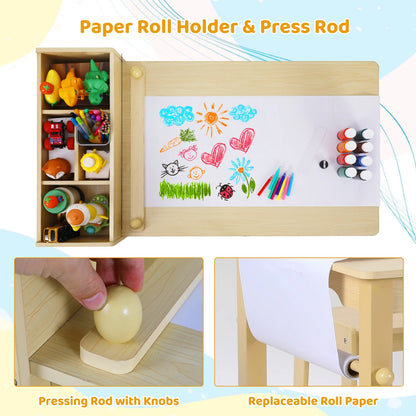 Pirecart Kids Art Table and 2 Chairs Toddler Craft Set Wooden Play Activity Drawing Table with 4 Storage Bins and Paper Roll