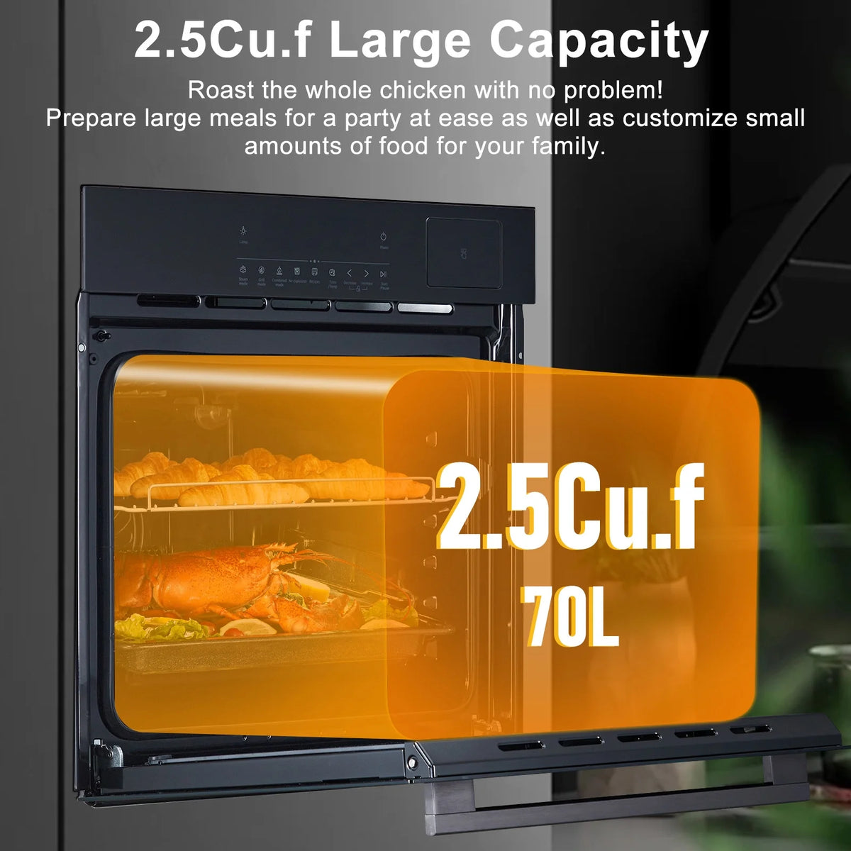 Garvee 24" Single Wall Oven with 108 Smart Menu 8 Baking Modes,3000W 2.5 CF Convection Oven with Steam & Air Fry Function,Stainless Steel,Touch Control Colorful LED Screen