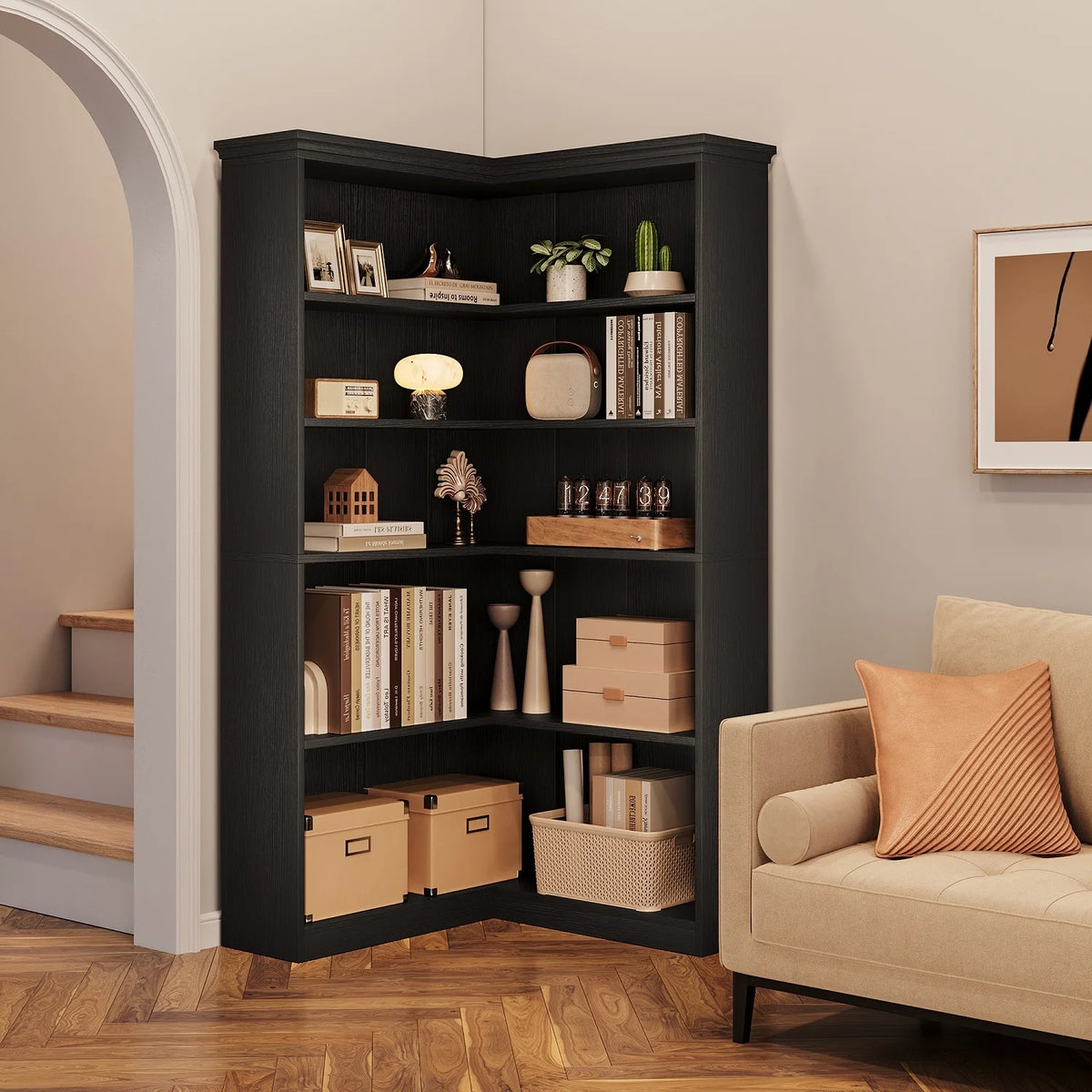 EuKer 5 Tier Corner Bookcase, L-Shaped Bookshelf with Large Storage Capacity for Living Room, Bedroom, Office (Half Panel, Retro Brown)