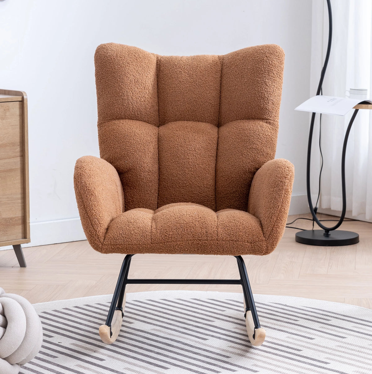 Rocking Chair Nursery,Teddy Upholstered Glider Rocker with High Backrest,Modern Rocking Accent Chairs Glider Recliner for Living Room, Nursery, Bedroom,White