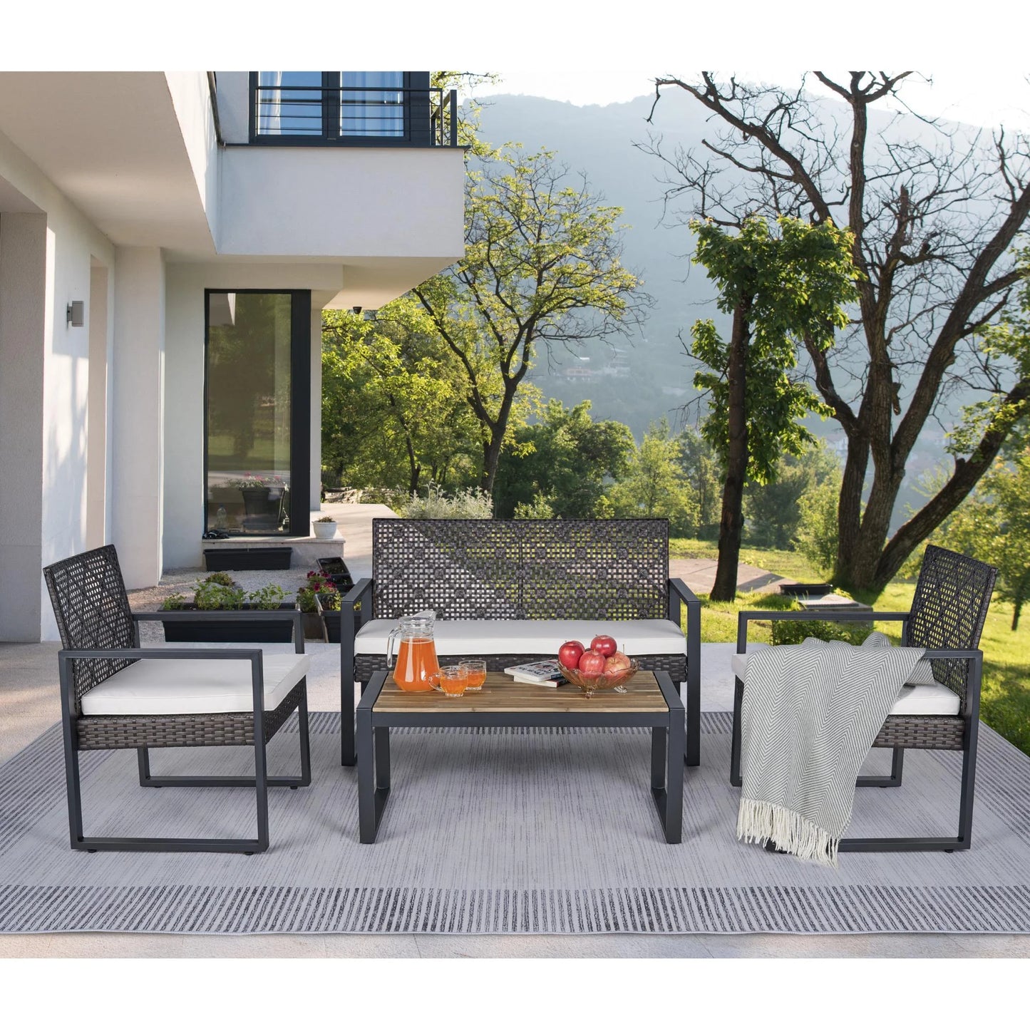 Heavy-duty Patio Furniture Set, 4 Piece Outdoor Sectional Conversation Sets, BrownPE Rattan Patio Sofa Set with Blue Cushions
