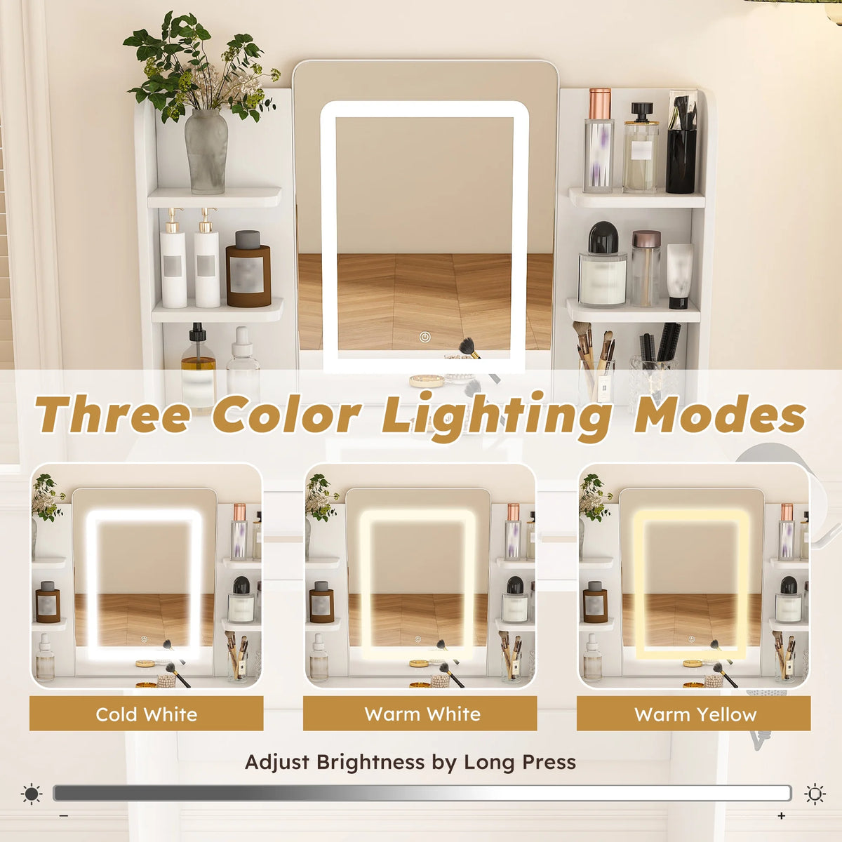 Montary Modern Mini Vanity w/Adjustable LED Mirror + Hidden Storage, Padded Stool & Dustproof Shelves (White)