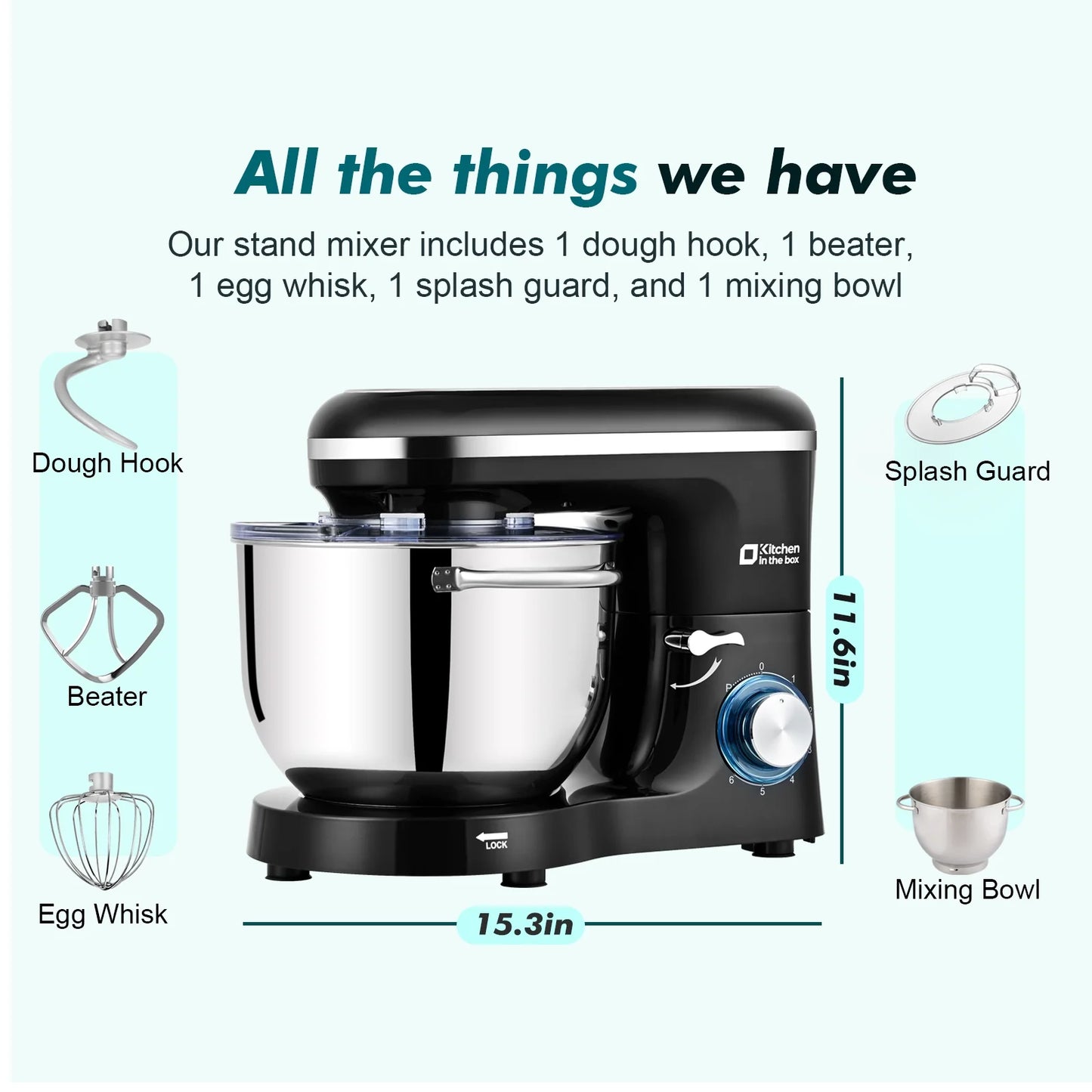 Kitchen in the box Tilt-Head Stand Mixer, Electric Kitchen Mixer with 6.5QT Stainless Steel Bowl, 660W Food Mixer with 6-Speed, Black