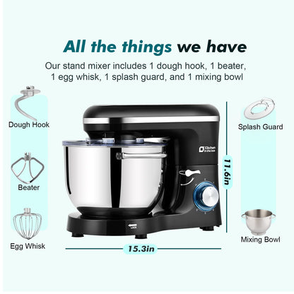 Kitchen in the box Tilt-Head Stand Mixer, Electric Kitchen Mixer with 6.5QT Stainless Steel Bowl, 660W Food Mixer with 6-Speed, Black