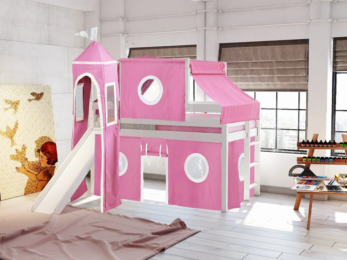 JACKPOT! Castle Low Loft Bed with Slide, Red Yellow and Blue Tent and Tower, Twin, Cherry