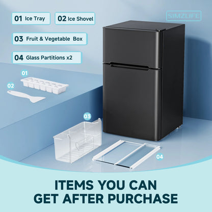 Simzlife 3.2 Cu ft Two Door Mini Refrigerator with Freezer, Compact Small Fridge Adjustable Removable Shelves, Sliver