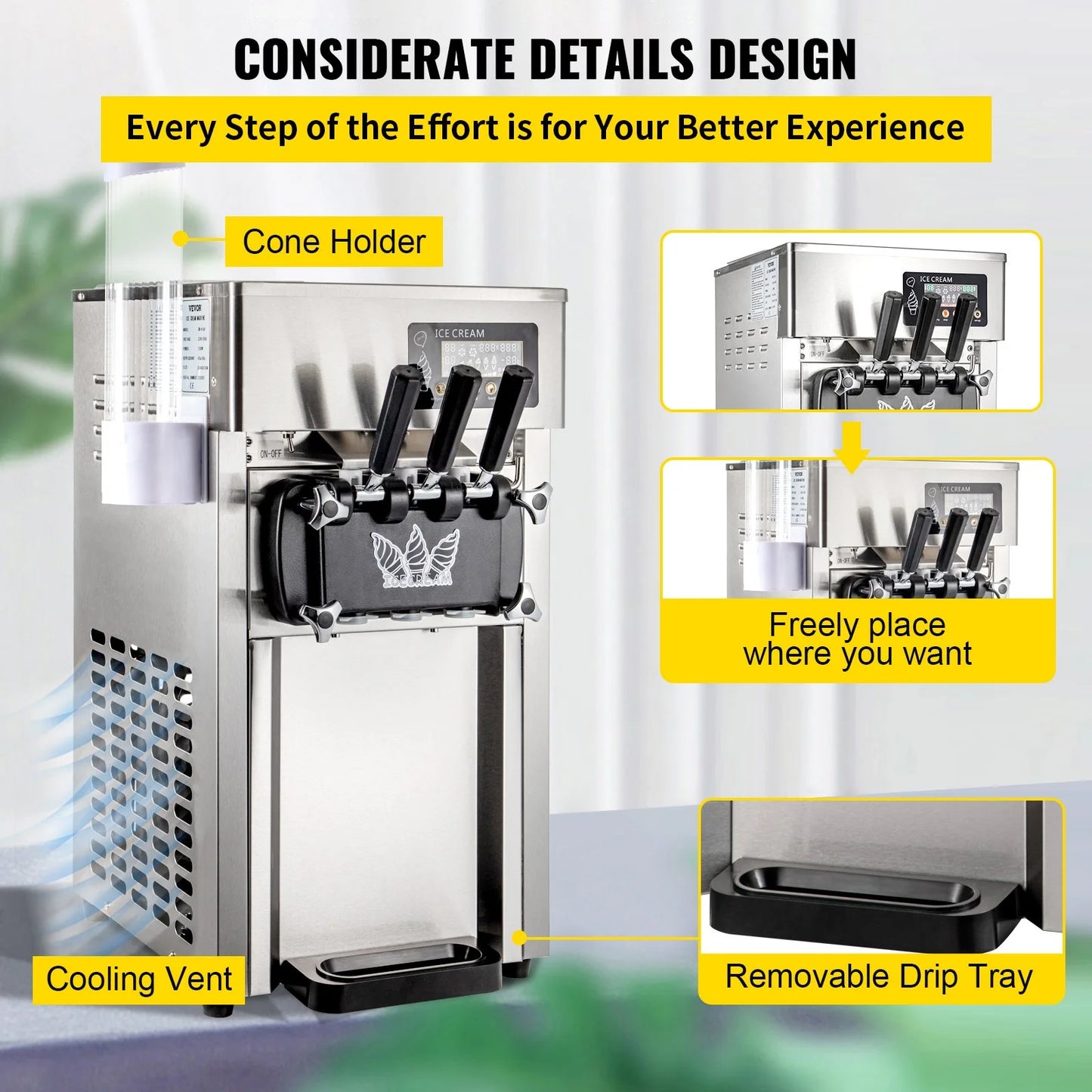 SIHAO 1200W Commercial Ice Cream Machine Countertop 18L/H Soft Serve Ice Cream Maker with LED Display