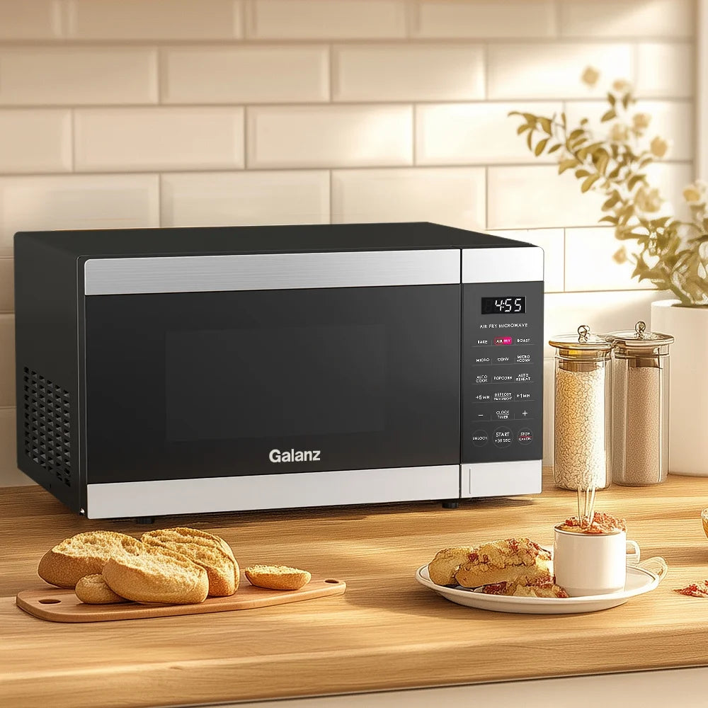 Galanz 0.9 Cu ft Air Fry Countertop Microwave, 900 Watts, Stainless Steel, New