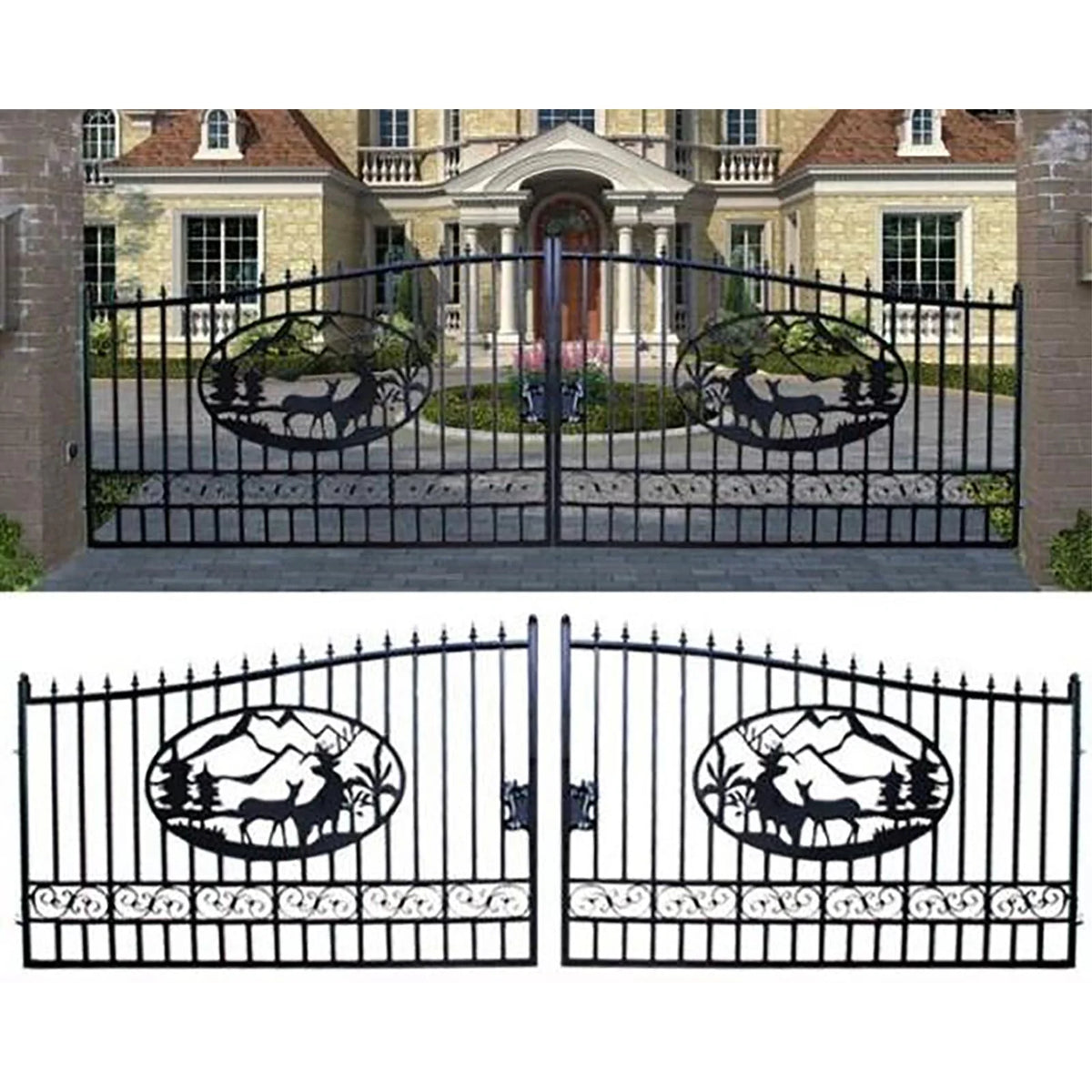 Outdoor Dual Swing Wrought Iron Gate for Driveway, Security Gate, Outdoor Fence Gate, Vienna Style for Yard, Backyard Patio�� 20'Star��