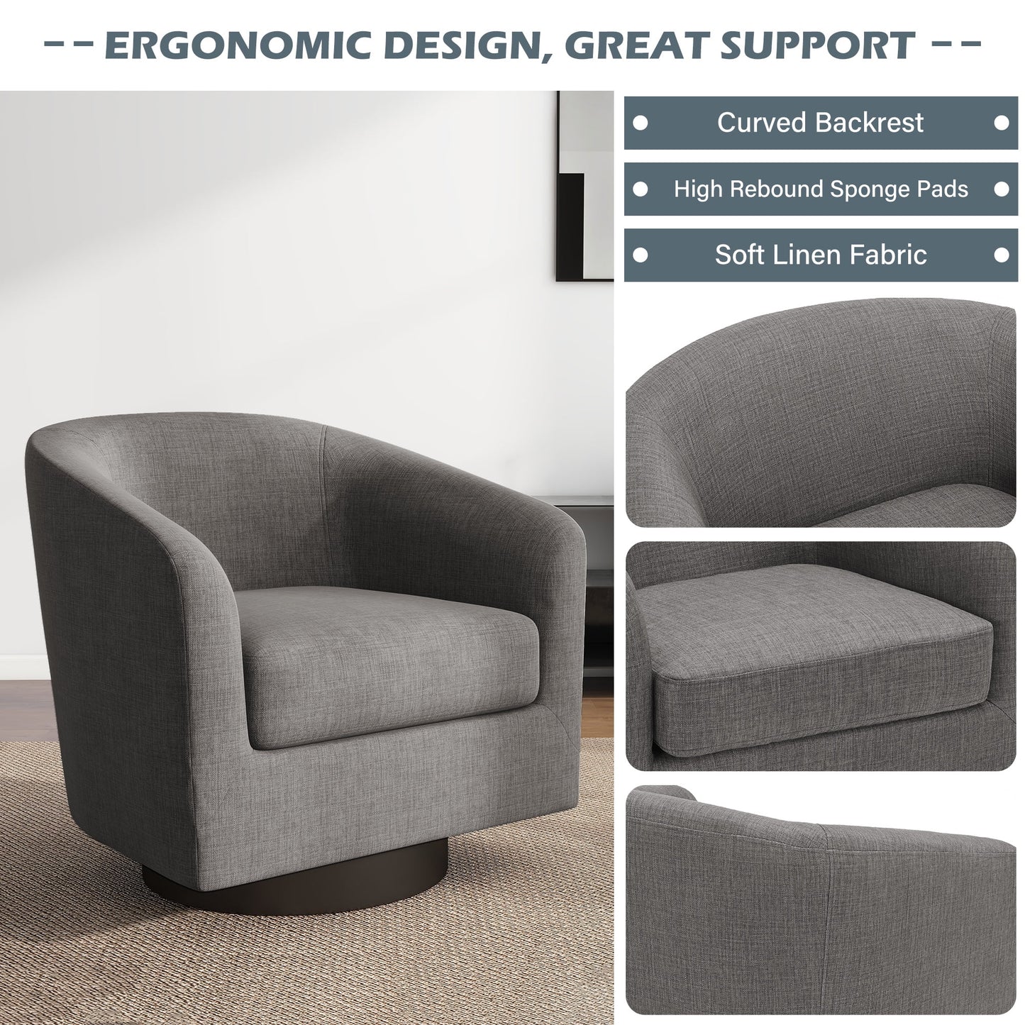 UIXE Swivel Accent Chair, Upholstered Fabric Barrel Chair for Living Room, Small Single Sofa Bedroom Reading Seat, Light Gray