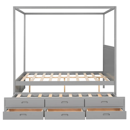 EUROCO Queen Size Canopy Platform Bed with Trundle and Drawers, Gray