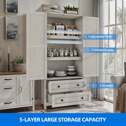 Dextrus 64.56" Tall Kitchen Pantry Cabinet with 2-Drawer and Adjustable Shelves, White Oak