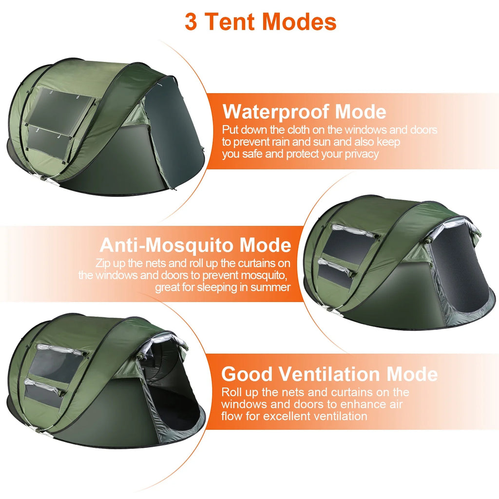 Tcbosik Easy Pop Up Tent for 5-8 Person, Automatic Setup Instant Family Tent with 2 Doors and 4 Mosquito Net Windows, Waterproof Camping Tent with Carry Bag for Hiking & Traveling, Khaki
