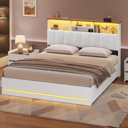 AOGLLATI Upholstered Platform Twin Bed with 4 Storage Drawers & Charging Station & LED Lights, Black