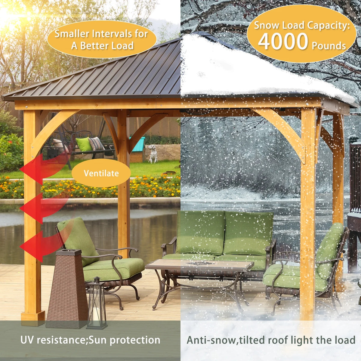 Aoodor 10 x 12 ft Wooden Frame Gazebo with 2-Tier Galvanized Metal Hardtop Roof, Outdoor Patio Gazebo with Charging Socket for Patio, Backyard, Deck, and Lawn