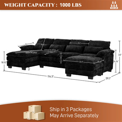 Rophefx 114.3" U Shaped Sectional Couches for Living Room,Cloud Couch,4 Seats Chenille Couch with Double Layer Cushion,Orange