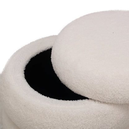 White Boucle Pouf with Storage Vintage Style Living Room