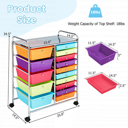 Costway 15 Drawer Rolling Storage Cart Tools Scrapbook Paper Office School Organizer White