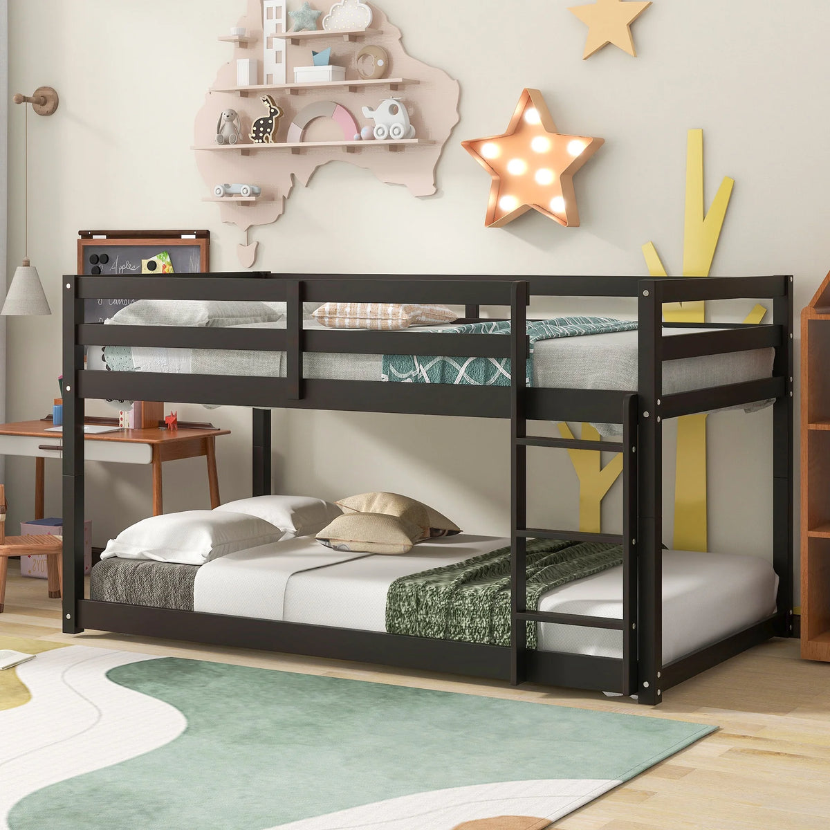 Twin Over Twin Floor Bunk Bed, UHOMEPRO Solid Wood Low Bunk Bed with Safety Rail, Ladder, Heavy Duty Bunk Beds, Space-Saving Bedroom Dorm Furniture, Gray