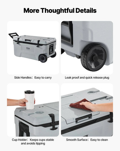 74 QT Wheeled Cooler - 120 Can Capacity Portable Ice Chest with Heavy-Duty Wheels & Cup Holders, Insulated Outdoor Cooler for Camping, Tailgating, Beach & BBQs, Leak-Proof Drain & Extended Cold Reten